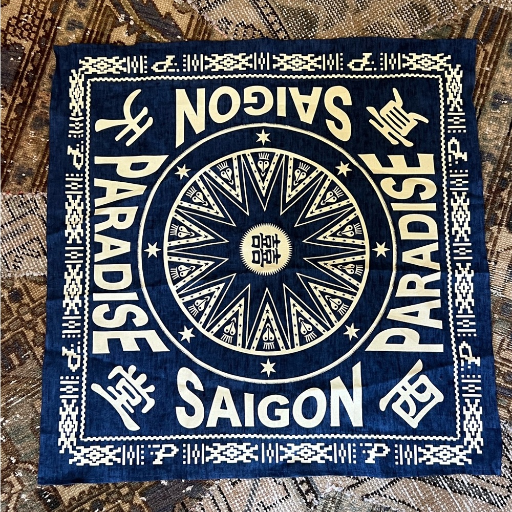 Blue and White Linen, Hand Made Saigon Paradise Scarf, Bandana, Tapestry